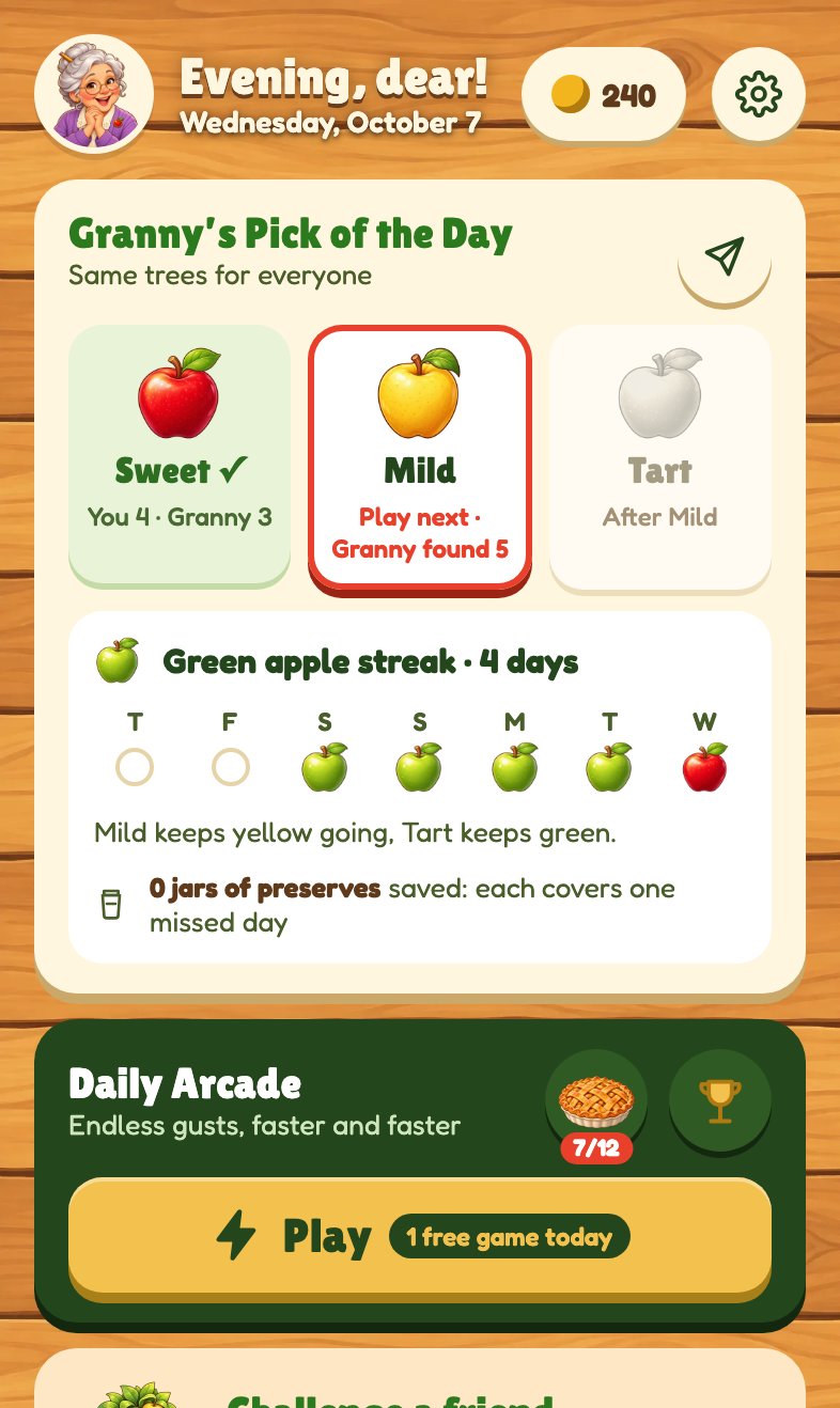 The home screen: Granny's Pick of the Day with three trees, an apple streak, and the Daily Arcade