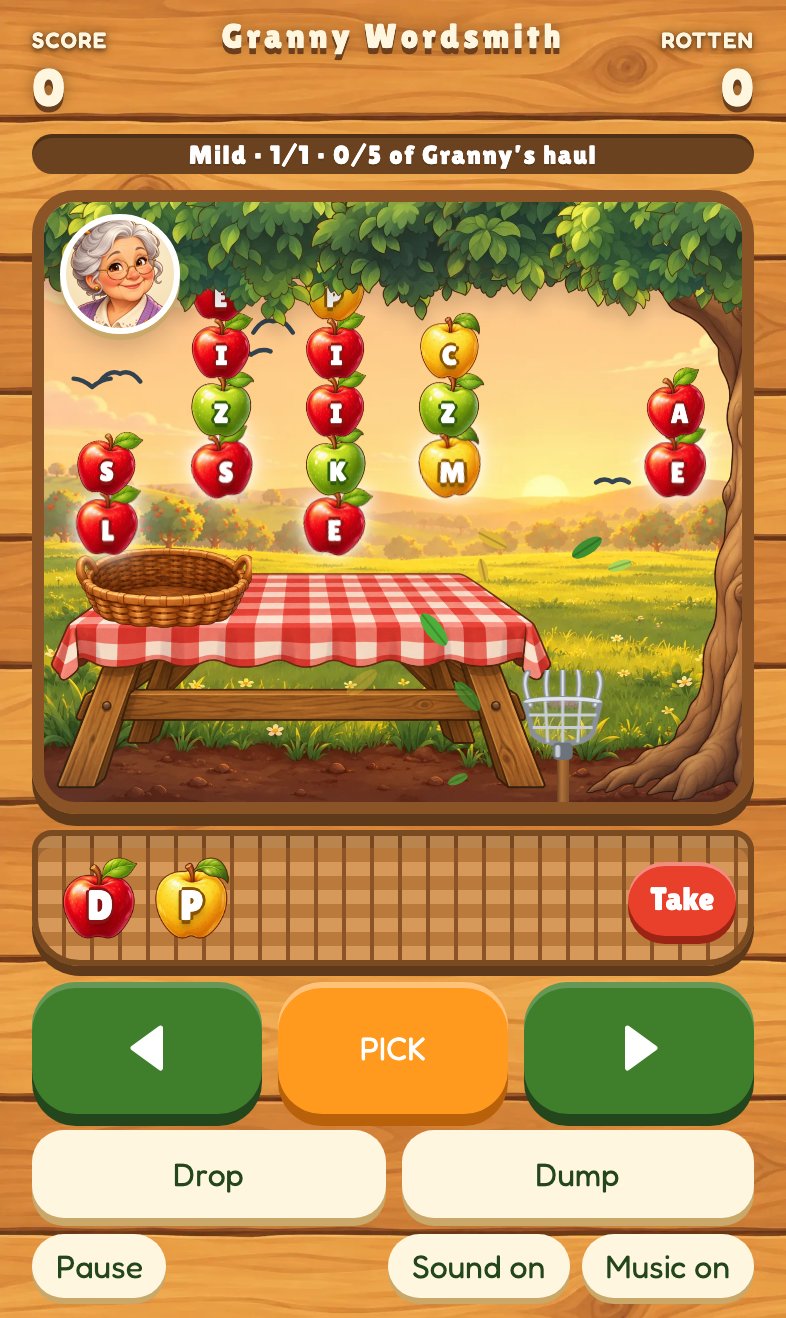 Playing: lettered apples falling from the tree, two apples in the basket tray, and the Pick button