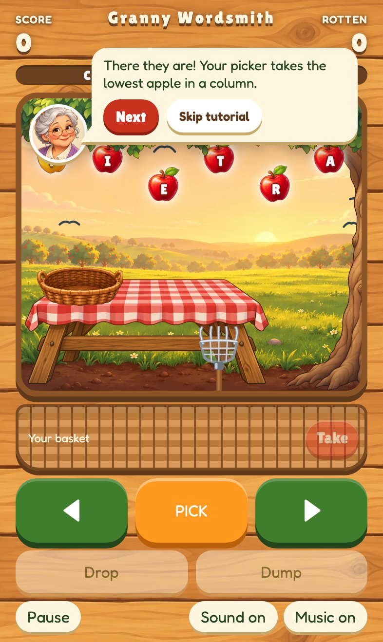Granny explaining how to play in a speech bubble beside her, at the top of the orchard, with apples falling below